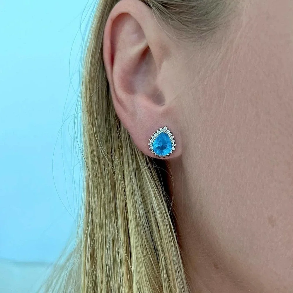Pear bridal stud earrings with CZ and blue topaz - Sterling Silver 925 - Picture 3 of 5